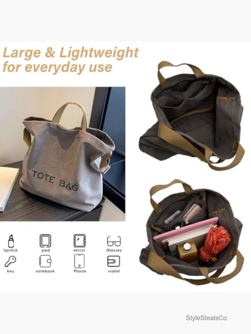 Canvas Tote Bag Large Capacity Crossbody Shoulder Bag with Pockets - Picture 4 of 7